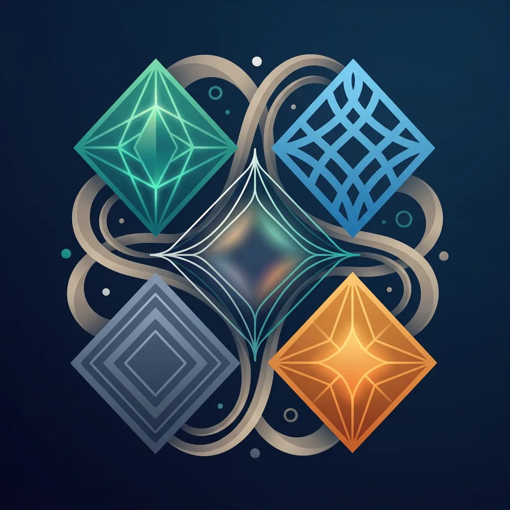 Four distinct forms interlocking into a single diamond, representing the companies in the Koine portfolio